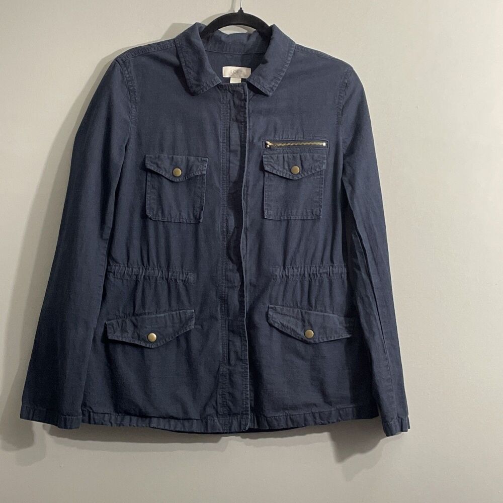 Ann Taylor LOFT Blue Cotton Utility Jacket Cinched Waist Zip Pockets Small